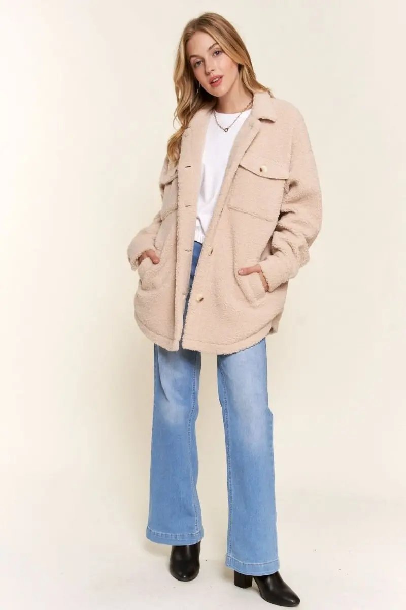 And The Why Teddy Sherpa Button Down Curved Hem Shacket - Love Salve